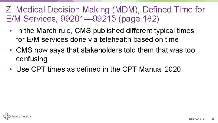 Z. Medical Decision Making (MDM), Defined Time for E/M Services, 99201— 99215 (page 182)