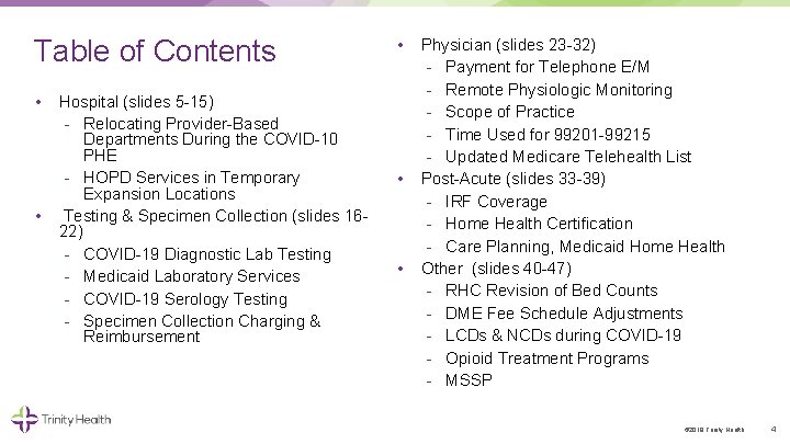 Table of Contents • • Hospital (slides 5 15) Relocating Provider Based Departments During