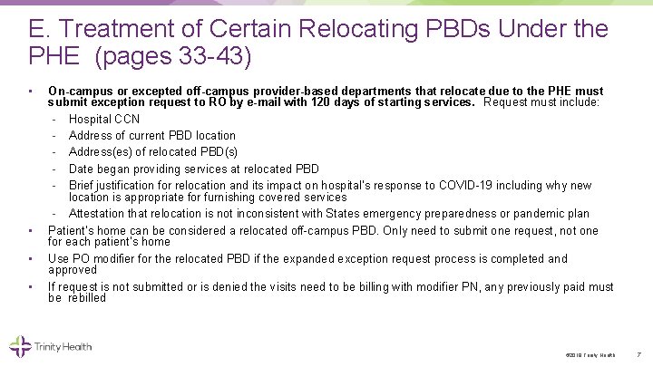 E. Treatment of Certain Relocating PBDs Under the PHE (pages 33 43) • •