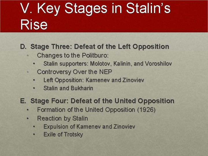 V. Key Stages in Stalin’s Rise D. Stage Three: Defeat of the Left Opposition