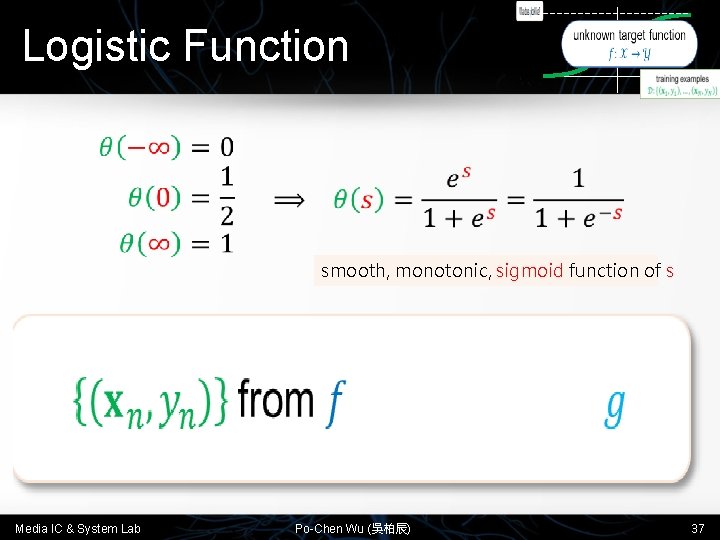 Logistic Function • smooth, monotonic, sigmoid function of s Media IC & System Lab