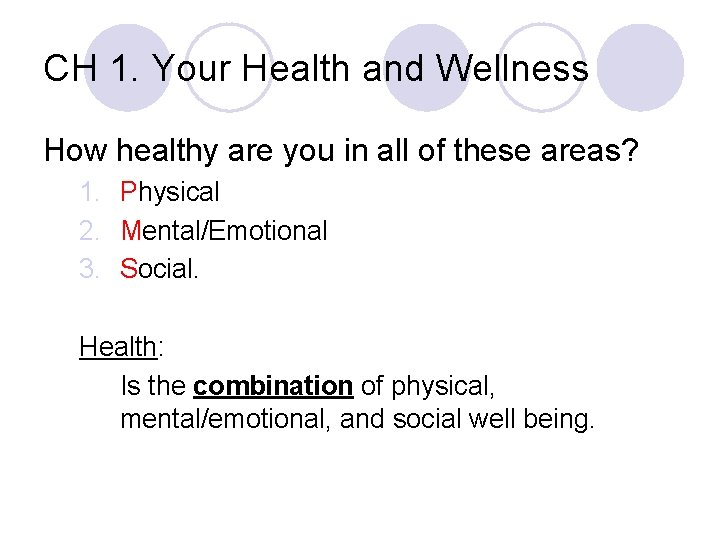 CH 1. Your Health and Wellness How healthy are you in all of these