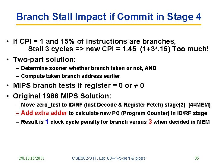 Branch Stall Impact if Commit in Stage 4 • If CPI = 1 and