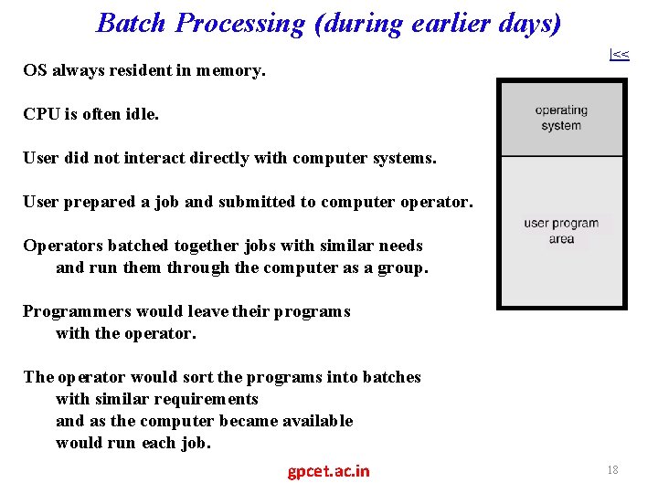 Batch Processing (during earlier days) |<< OS always resident in memory. CPU is often