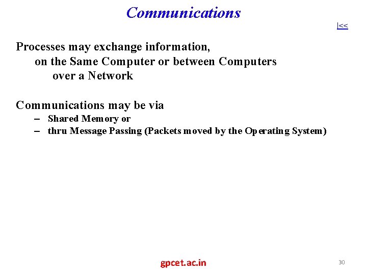 Communications |<< Processes may exchange information, on the Same Computer or between Computers over