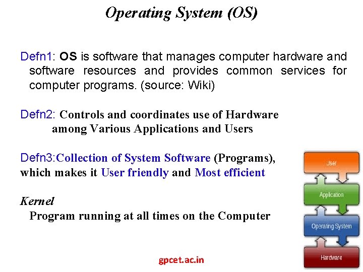 Operating System (OS) Defn 1: OS is software that manages computer hardware and software