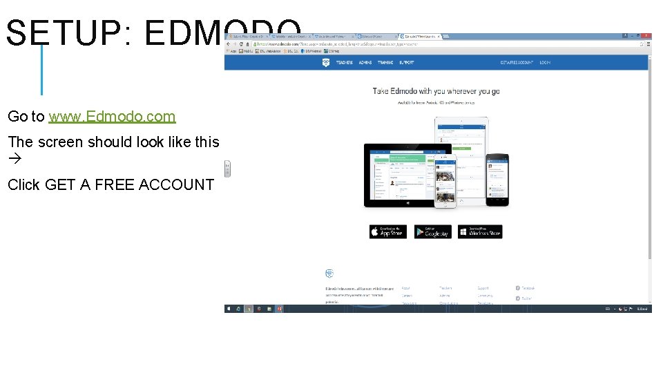 SETUP: EDMODO Go to www. Edmodo. com The screen should look like this Click