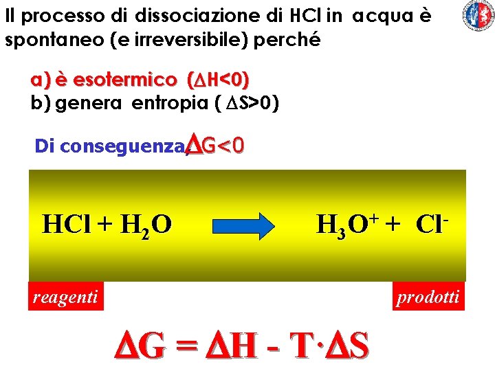 Il processo di dissociazione di HCl in acqua è spontaneo (e irreversibile) perché a)