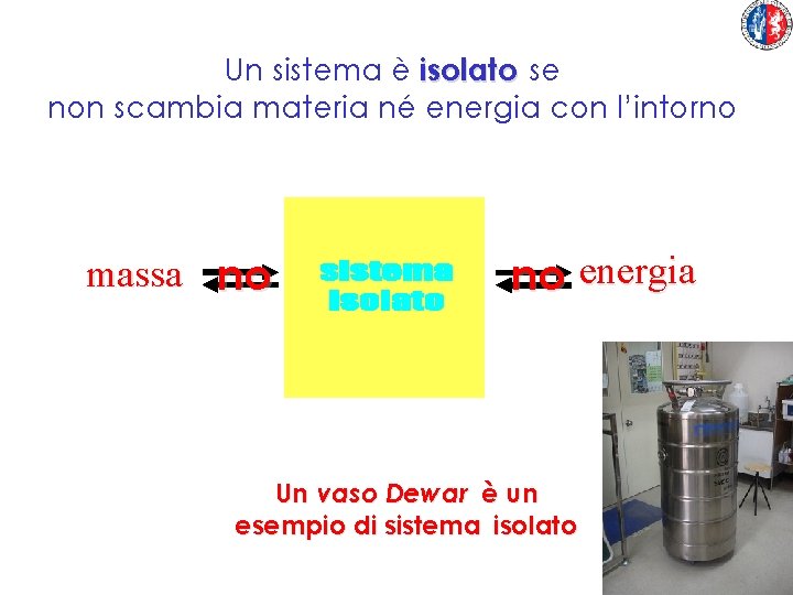 Un sistema è isolato se non scambia materia né energia con l’intorno massa no