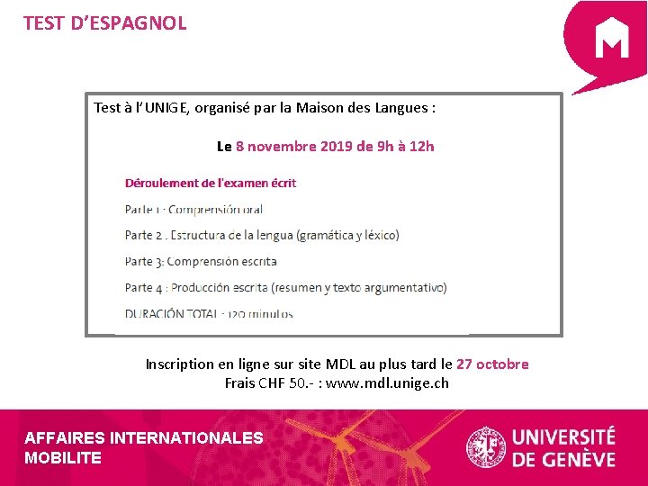 TEST D’ESPAGNOL Test à l’UNIGE, organisé par la Maison des Langues : Le 8