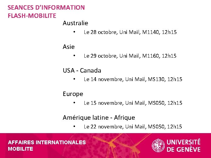 SEANCES D’INFORMATION FLASH-MOBILITE Australie • Le 28 octobre, Uni Mail, M 1140, 12 h