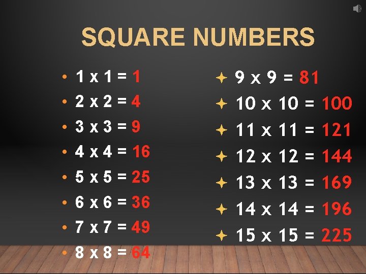 SQUARE NUMBERS • • 1 x 1=1 9 x 9 = 81 2 x