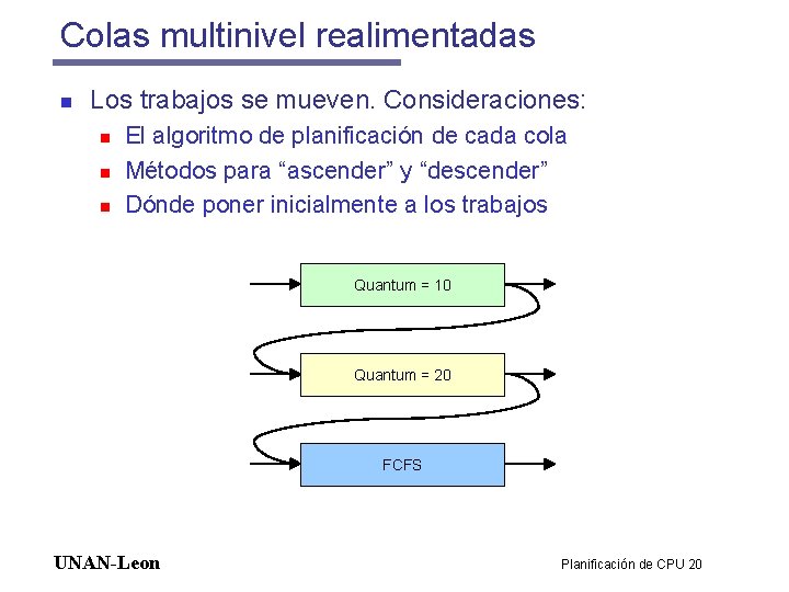 Colas multinivel realimentadas n Los trabajos se mueven. Consideraciones: n n n El algoritmo Colas multinivel realimentadas n Los trabajos se mueven. Consideraciones: n n n El algoritmo