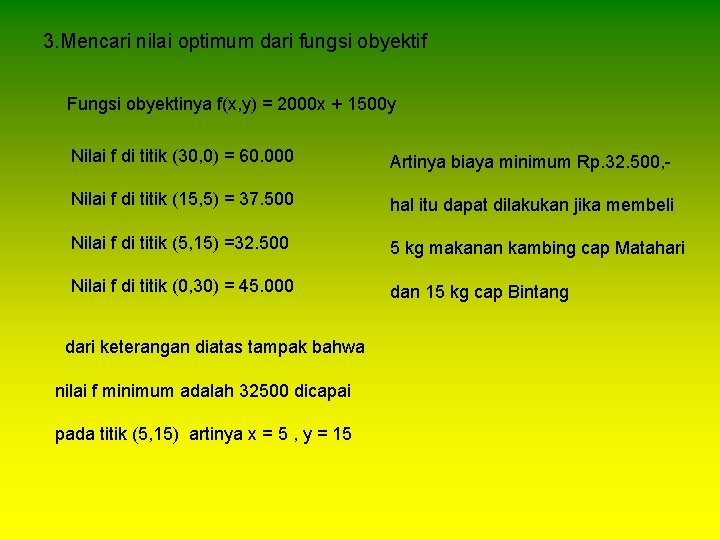 3. Mencari nilai optimum dari fungsi obyektif Fungsi obyektinya f(x, y) = 2000 x