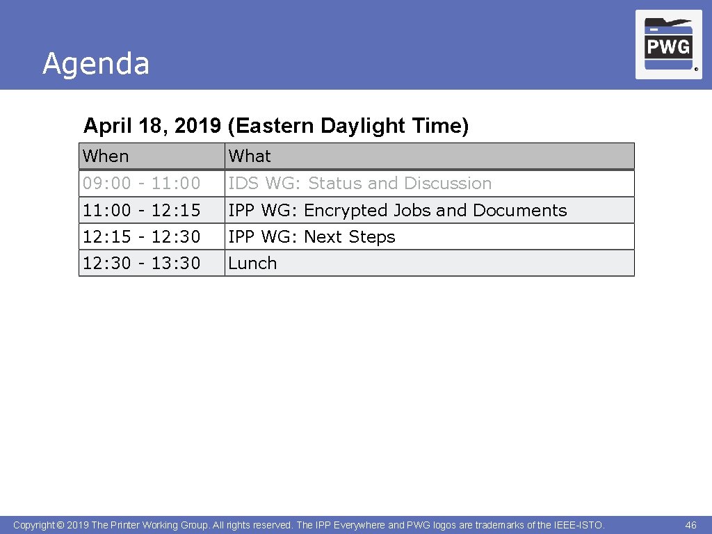 Agenda ® April 18, 2019 (Eastern Daylight Time) When What 09: 00 - 11: