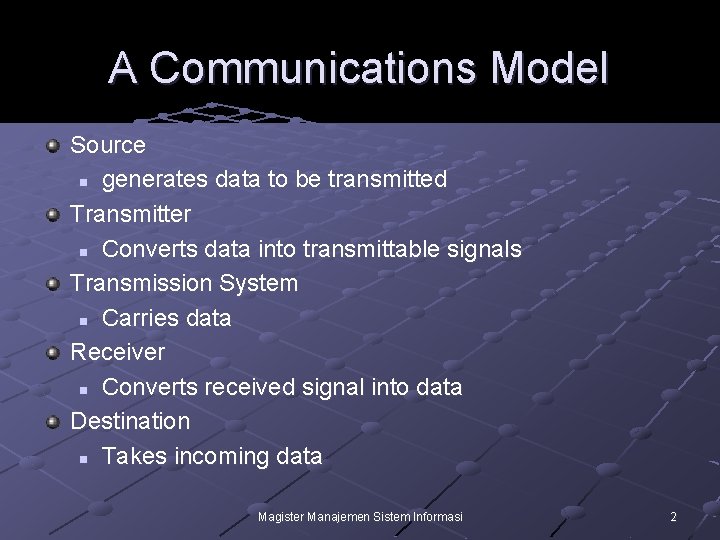 A Communications Model Source n generates data to be transmitted Transmitter n Converts data