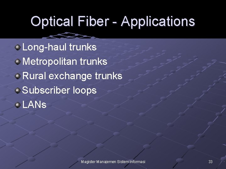 Optical Fiber - Applications Long-haul trunks Metropolitan trunks Rural exchange trunks Subscriber loops LANs