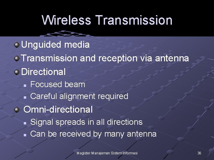 Wireless Transmission Unguided media Transmission and reception via antenna Directional n n Focused beam