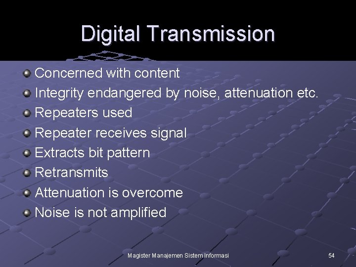 Digital Transmission Concerned with content Integrity endangered by noise, attenuation etc. Repeaters used Repeater