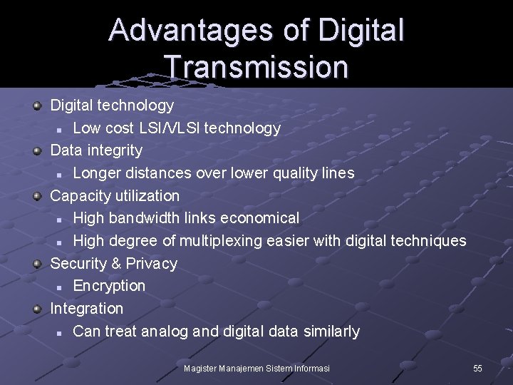 Advantages of Digital Transmission Digital technology n Low cost LSI/VLSI technology Data integrity n