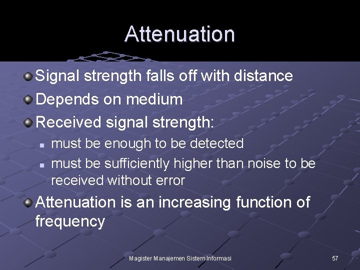 Attenuation Signal strength falls off with distance Depends on medium Received signal strength: n