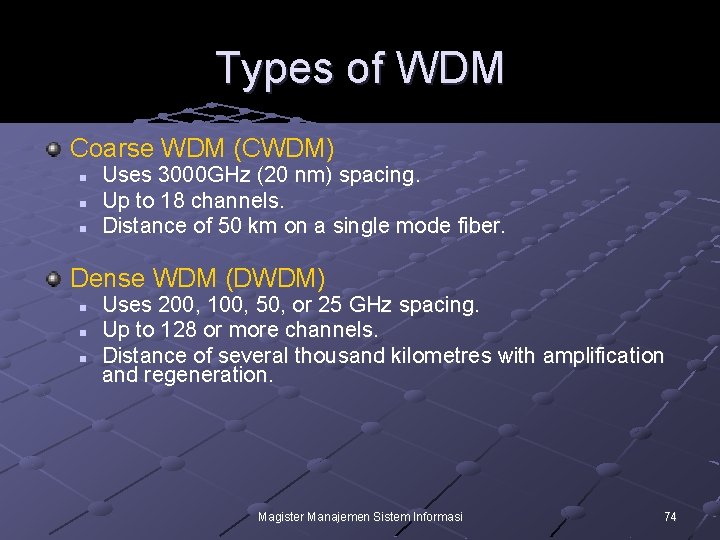 Types of WDM Coarse WDM (CWDM) n n n Uses 3000 GHz (20 nm)