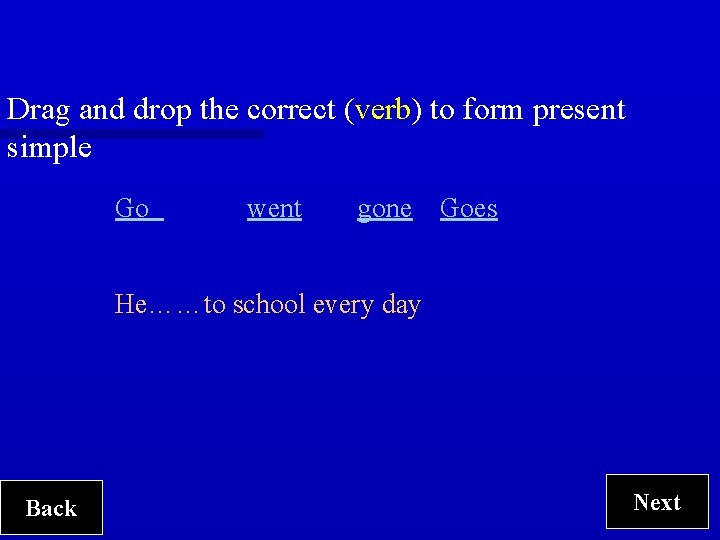 Drag and drop the correct (verb) to form present simple Go went gone Goes