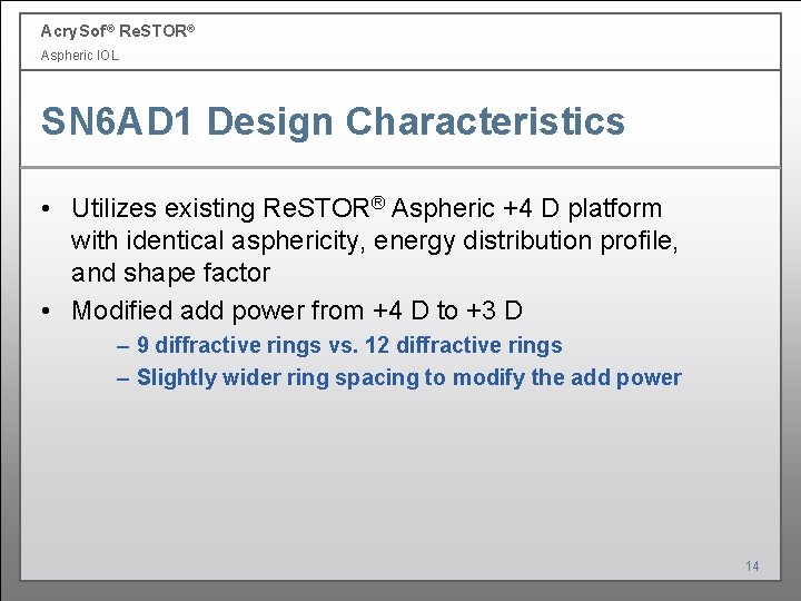 Acry. Sof ® Re. STOR® Aspheric IOL SN 6 AD 1 Design Characteristics • Acry. Sof ® Re. STOR® Aspheric IOL SN 6 AD 1 Design Characteristics •