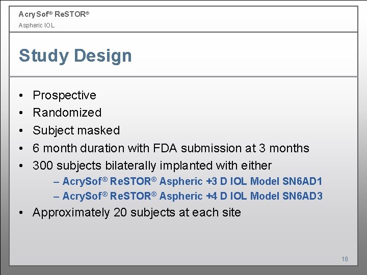 Acry. Sof ® Re. STOR® Aspheric IOL Study Design • • • Prospective Randomized Acry. Sof ® Re. STOR® Aspheric IOL Study Design • • • Prospective Randomized