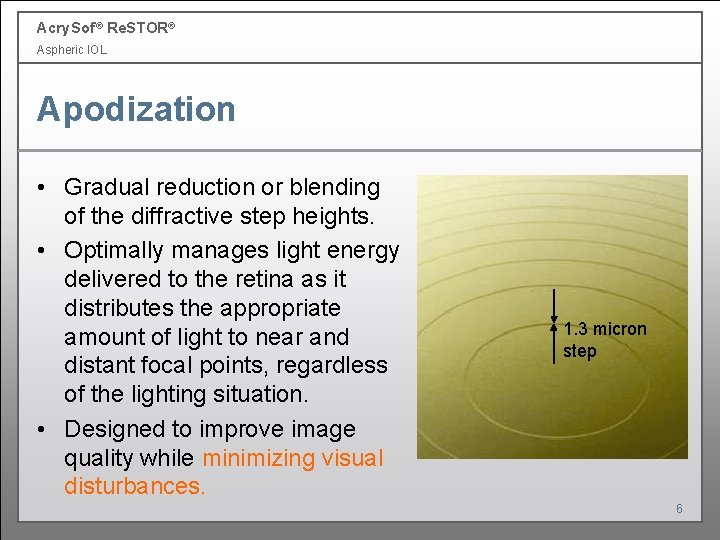 Acry. Sof ® Re. STOR® Aspheric IOL Apodization • Gradual reduction or blending of Acry. Sof ® Re. STOR® Aspheric IOL Apodization • Gradual reduction or blending of