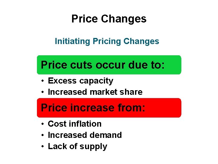 Price Changes Initiating Pricing Changes Price cuts occur due to: • Excess capacity •