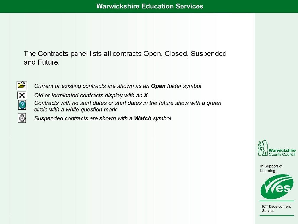 The Contracts panel lists all contracts Open, Closed, Suspended and Future. 