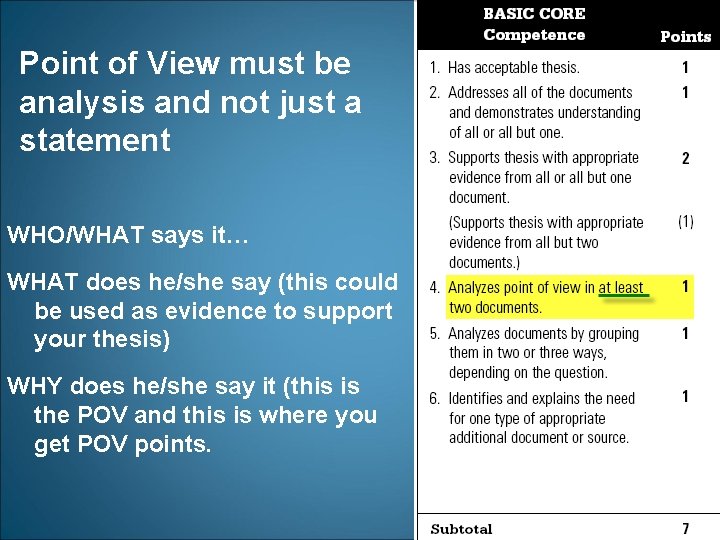 Point of View must be analysis and not just a statement WHO/WHAT says it…