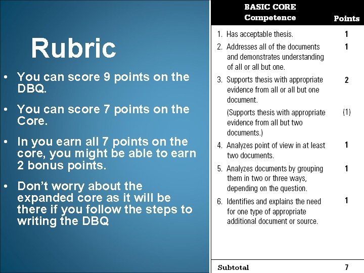 Rubric • You can score 9 points on the DBQ. • You can score