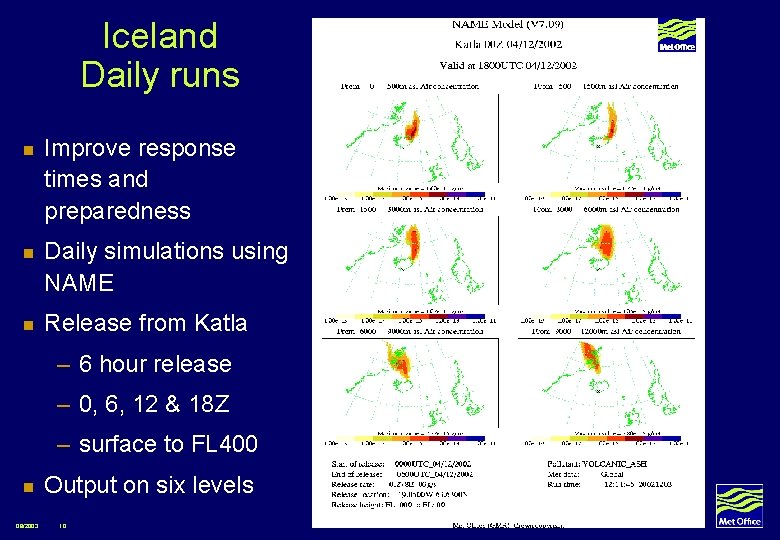 Iceland Daily runs n Improve response times and preparedness n Daily simulations using NAME