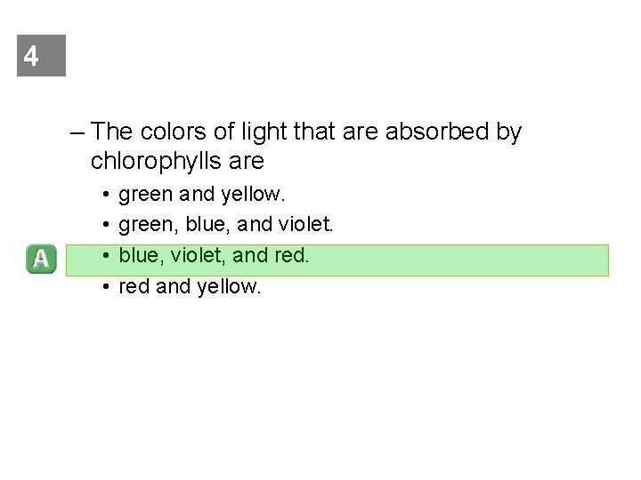 4 – The colors of light that are absorbed by chlorophylls are • •