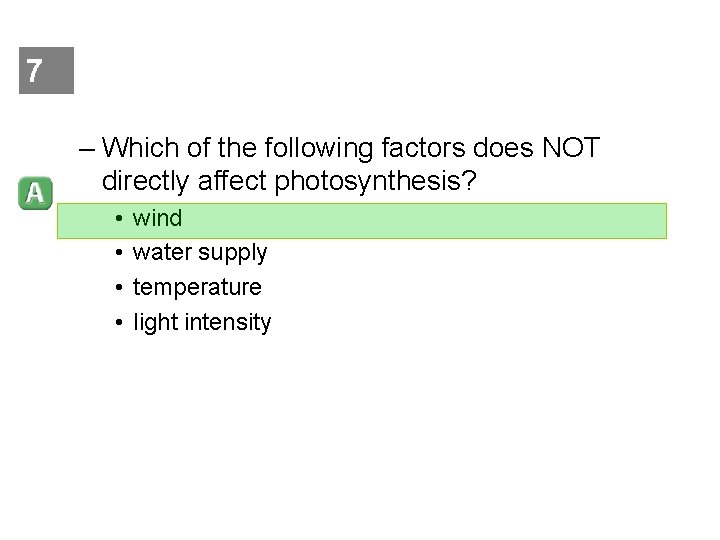 7 – Which of the following factors does NOT directly affect photosynthesis? • •