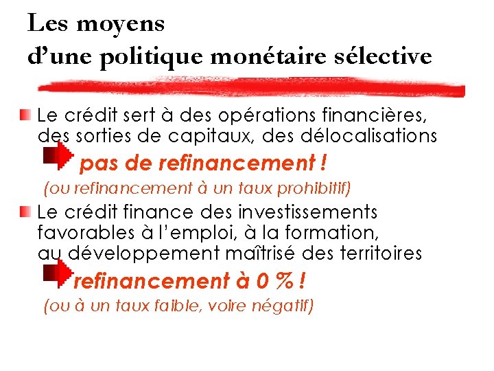 Les moyens d’une politique monétaire sélective Le crédit sert à des opérations financières, des