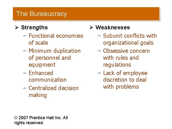 The Bureaucracy Ø Strengths – Functional economies of scale – Minimum duplication of personnel