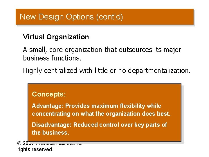 New Design Options (cont’d) Virtual Organization A small, core organization that outsources its major