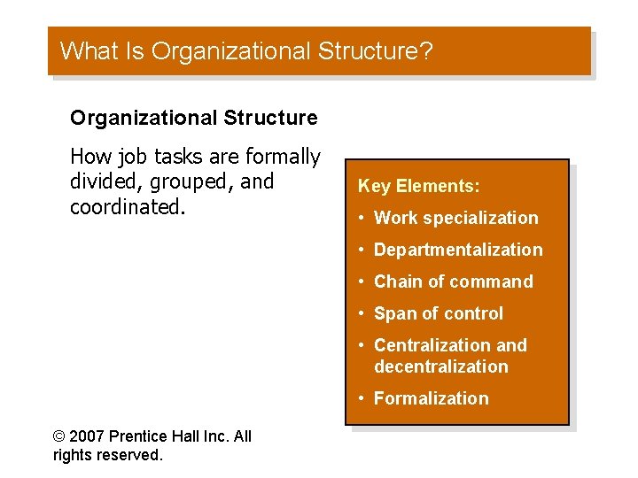 What Is Organizational Structure? Organizational Structure How job tasks are formally divided, grouped, and