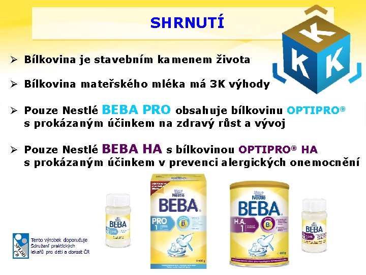 SHRNUTÍ Ø Bílkovina je stavebním kamenem života Ø Bílkovina mateřského mléka má 3 K