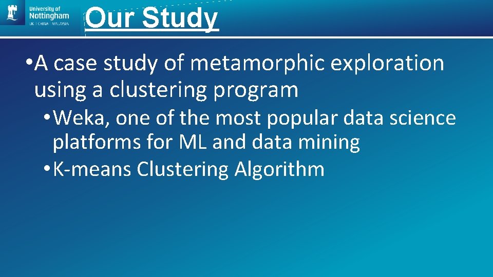 Our Study • A case study of metamorphic exploration using a clustering program •