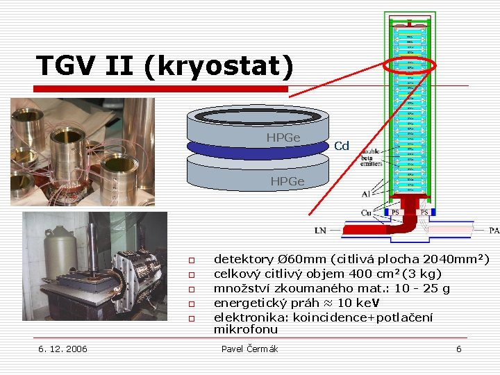 TGV II (kryostat) HPGe Cd HPGe o o o 6. 12. 2006 detektory Ø