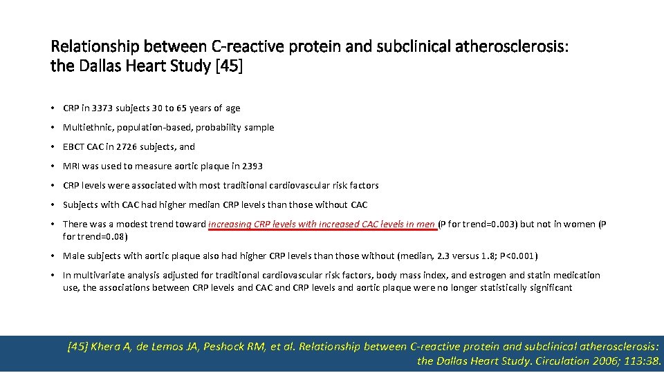 Relationship between C-reactive protein and subclinical atherosclerosis: the Dallas Heart Study [45] • CRP