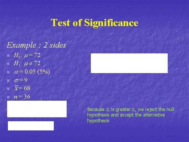 Test of Significance Example : 2 sides n n n H 0: m =