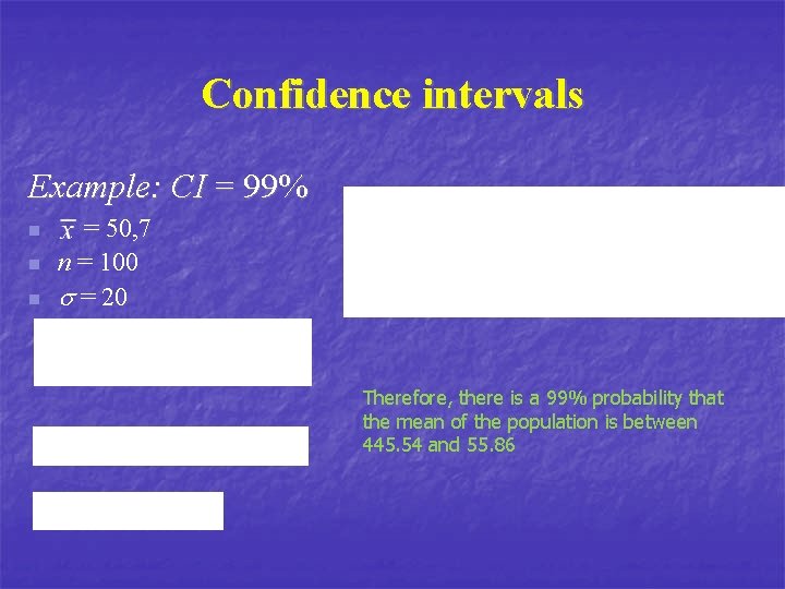 Confidence intervals Example: CI = 99% n n n = 50, 7 n =