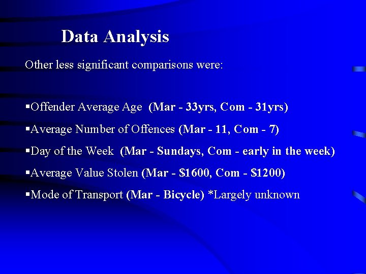 Data Analysis Other less significant comparisons were: §Offender Average Age (Mar - 33 yrs,