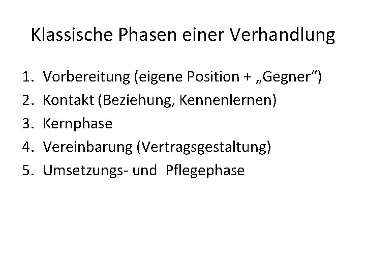 Klassische Phasen einer Verhandlung 1. 2. 3. 4. 5. Vorbereitung (eigene Position + „Gegner“)