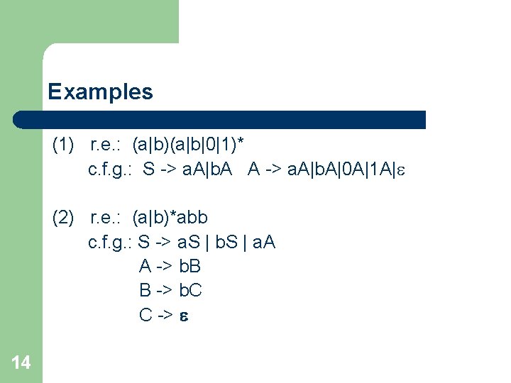 Examples (1) r. e. : (a|b)(a|b|0|1)* c. f. g. : S -> a. A|b.